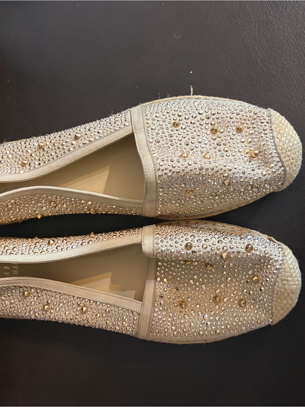 Stuart Weitzman Cream Espadrille Slip-Ons with Gold Studs - Picture 2 of 5